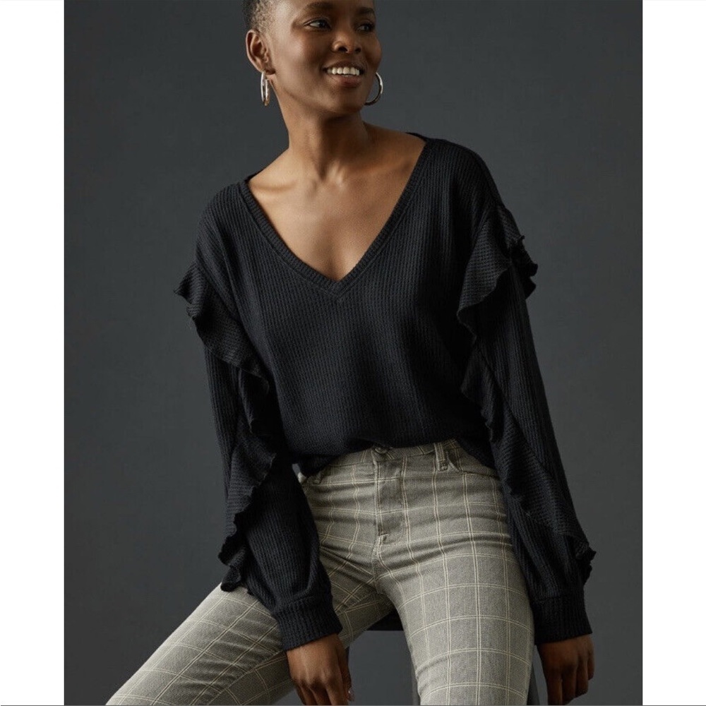 Anthropologie Pilcro Waffle Knit Black Vneck Blouse‎ Sweater Shirt Top Ruffles
